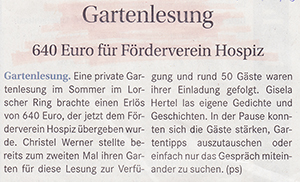 Gartenlesung: 640 Euro für Förderverein Hospiz